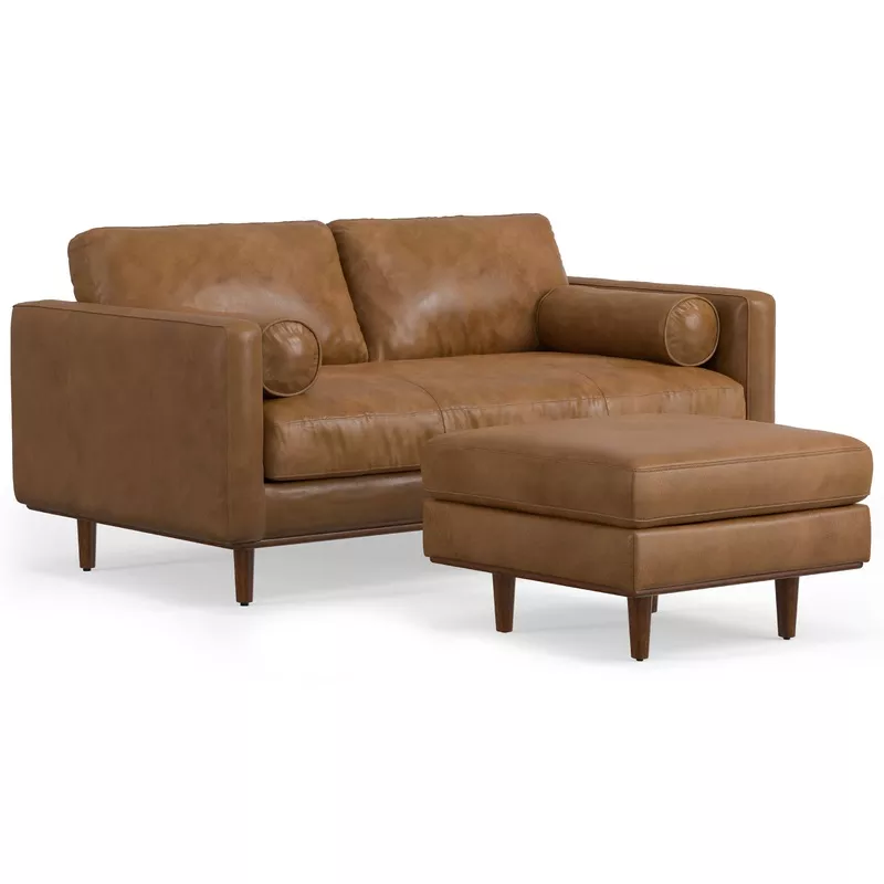 Morrison 72-inch Sofa and Ottoman Set in Genuine Leather Caramel Brown Genuine Top Grain Leather